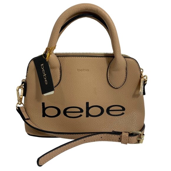 NWT $89 BEBE Fabiolo Micro Dome Vegan Leather Crossbody Handbag Taupe/Black Logo - Picture 1 of 8